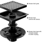 6 Inch Square Shower Drain, Matte Black Stainless Steel with Grate and Flange