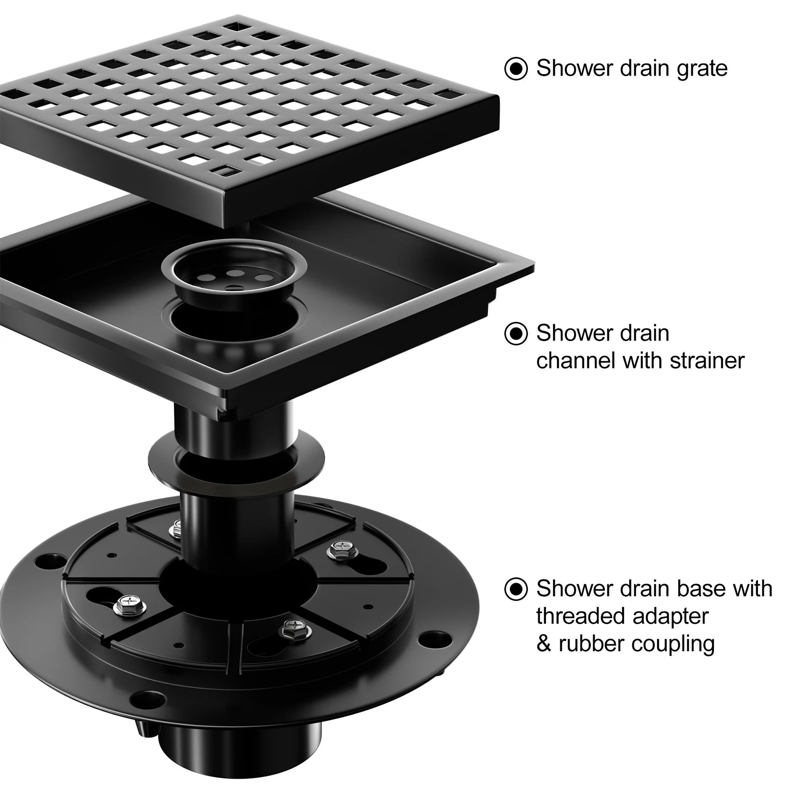 6 Inch Square Shower Drain, Matte Black Stainless Steel with Grate and Flange