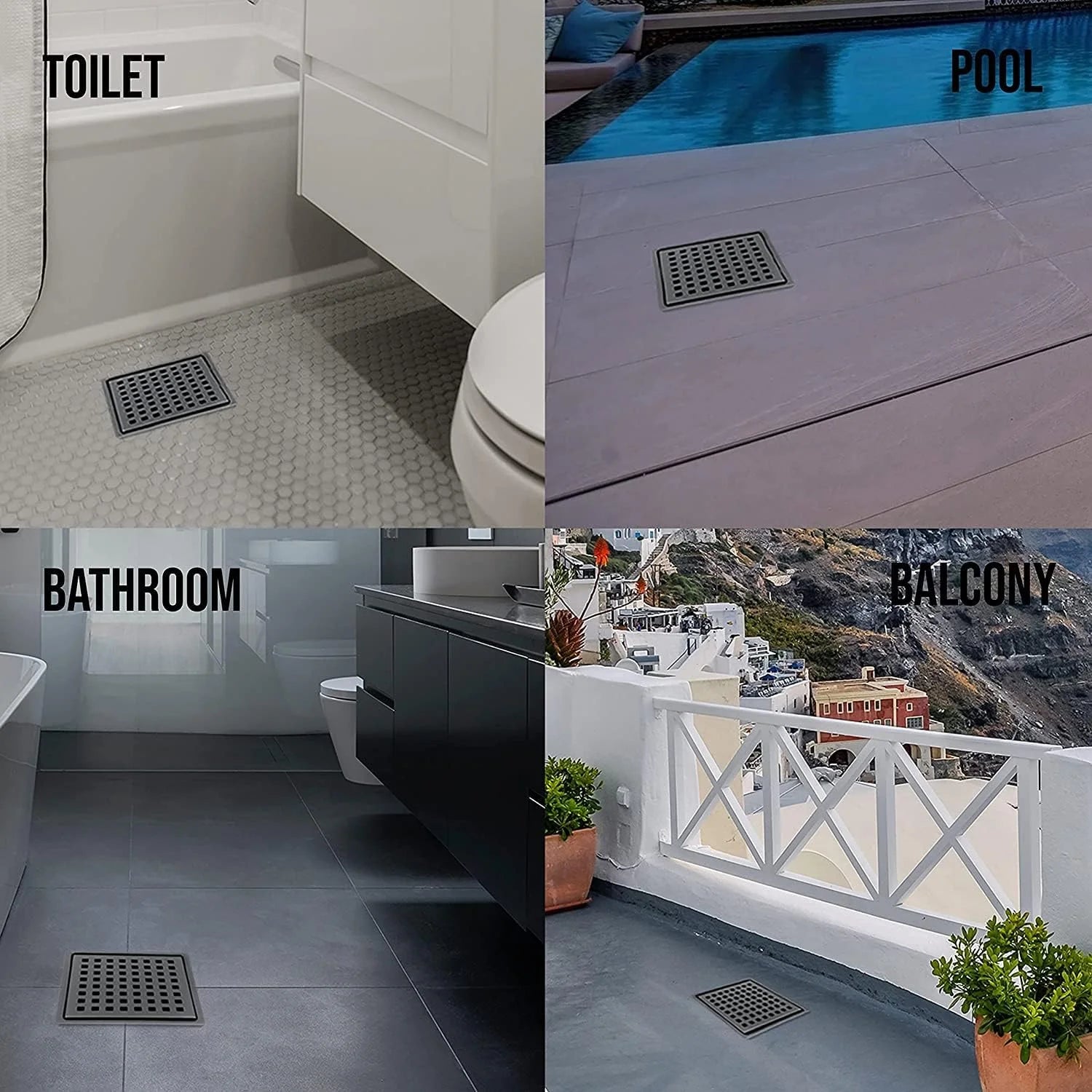 6 Inch Square Shower Drain, Matte Black Stainless Steel with Grate and Flange