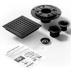 6 Inch Square Shower Drain, Matte Black Stainless Steel with Grate and Flange