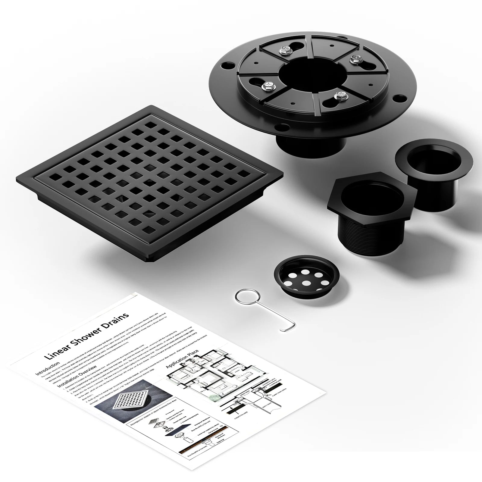 6 Inch Square Shower Drain, Matte Black Stainless Steel with Grate and Flange