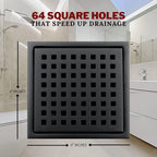 6 Inch Square Shower Drain, Matte Black Stainless Steel with Grate and Flange