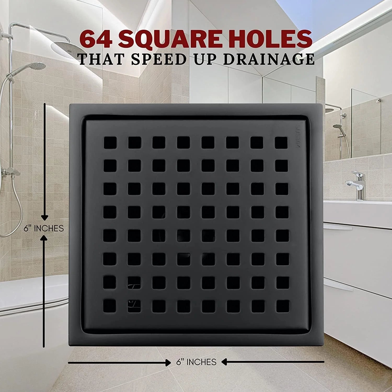 6 Inch Square Shower Drain, Matte Black Stainless Steel with Grate and Flange