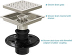 6 Inch Square Shower Drain, Stainless Steel cUPC Certified with Hair Strainer