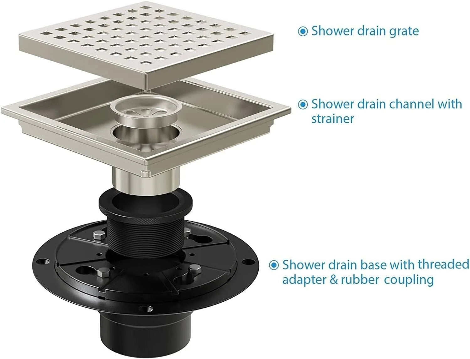 6 Inch Square Shower Drain, Stainless Steel cUPC Certified with Hair Strainer