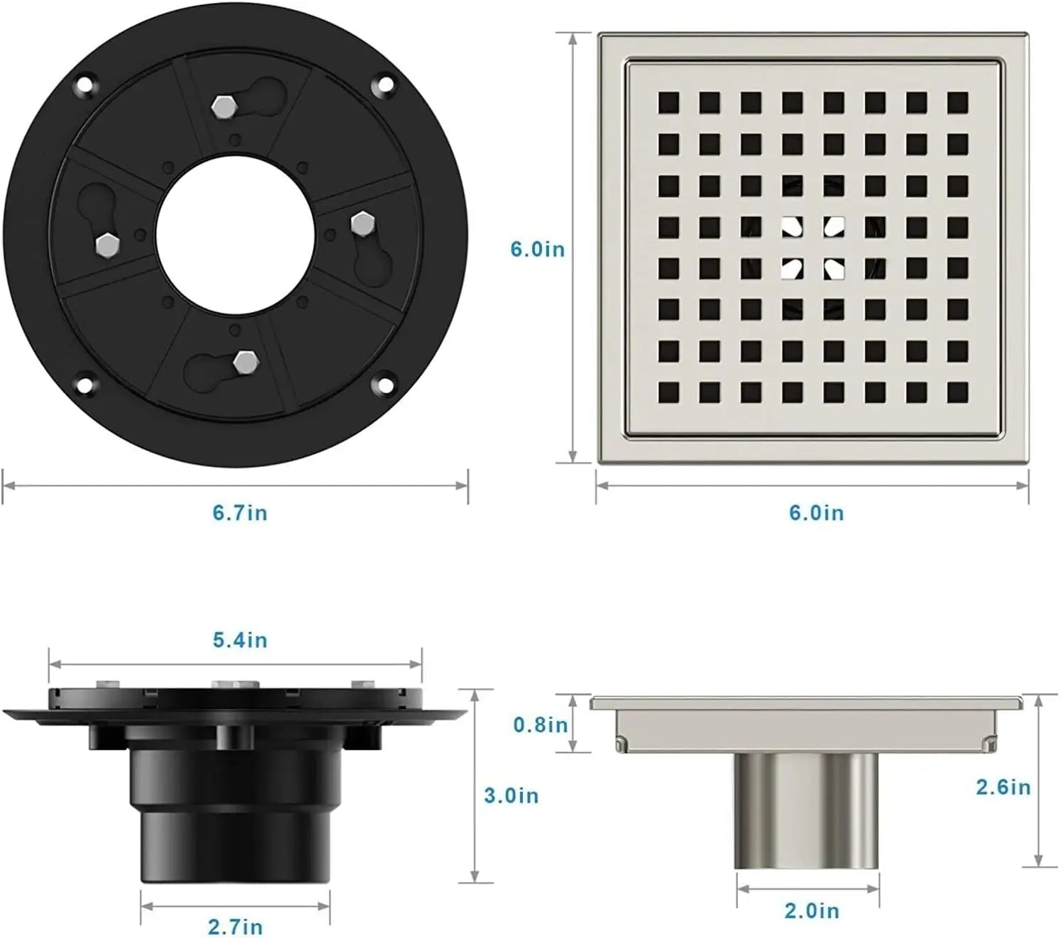 6 Inch Square Shower Drain, Stainless Steel cUPC Certified with Hair Strainer