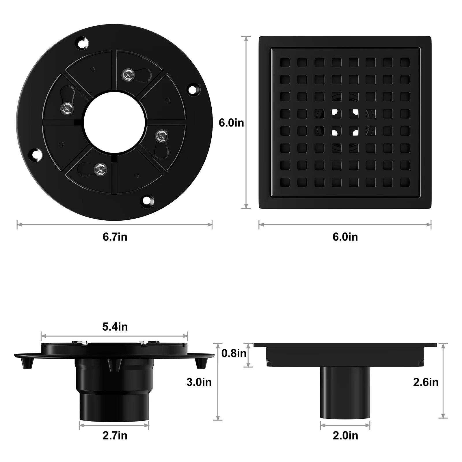 6 Inch Square Shower Drain, Matte Black Stainless Steel with Grate and Flange