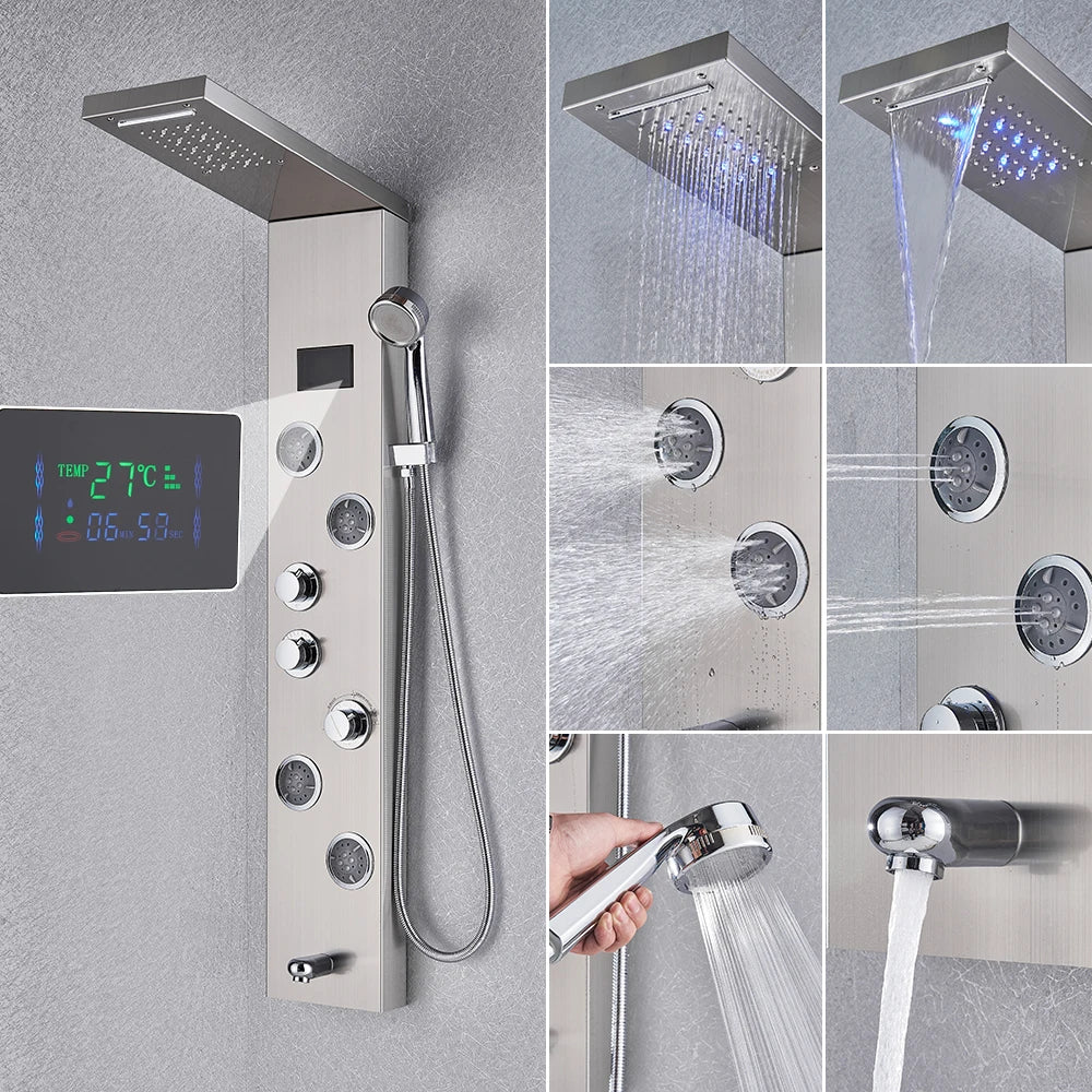 Shower Panel Column with Rainfall, Waterfall, Bidet Sprayer and LED Display, Matte Black and Gold