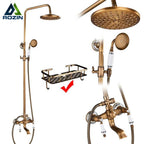 Antique Brass Shower Column with Shelf, Rainfall Head, Hot and Cold Mixer and Handheld