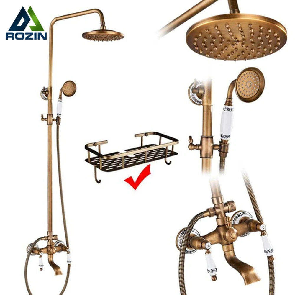 Antique Brass Shower Column with Shelf, Rainfall Head, Hot and Cold Mixer and Handheld