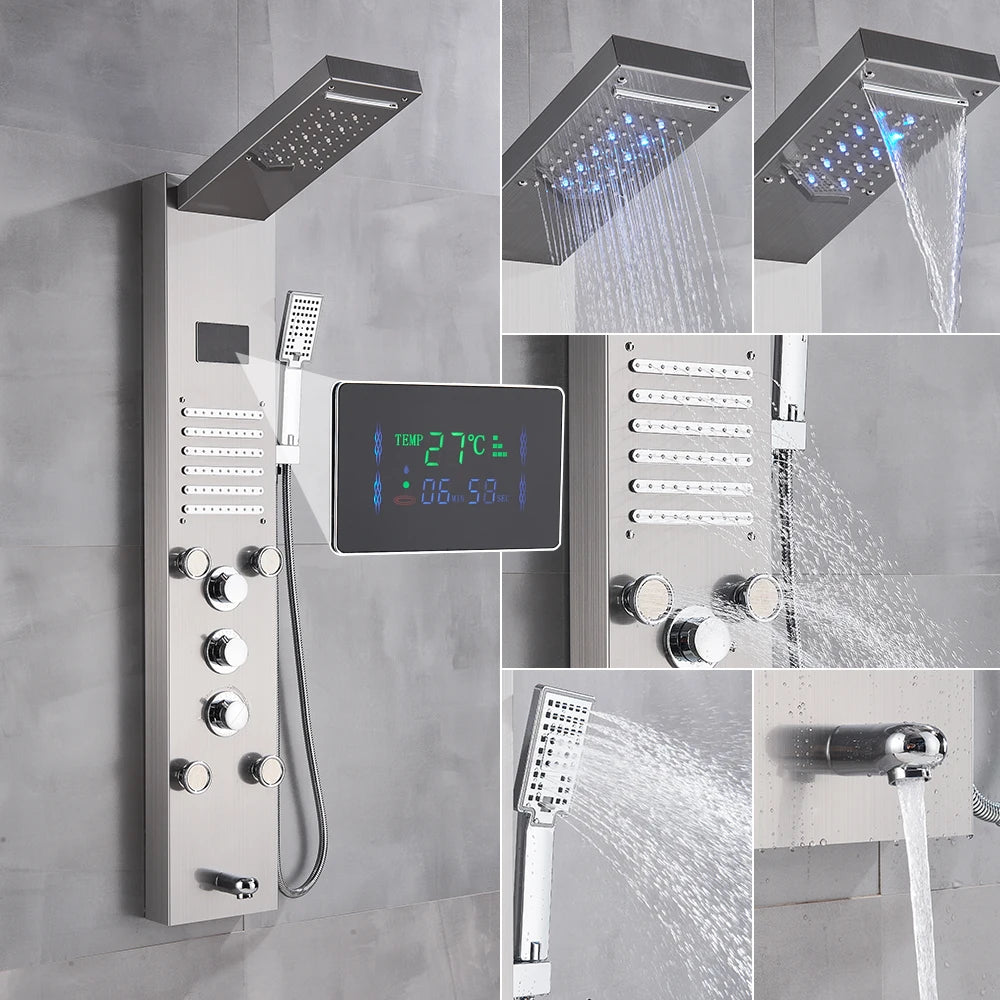 Shower Panel Column with Rainfall, Waterfall, Bidet Sprayer and LED Display, Matte Black and Gold