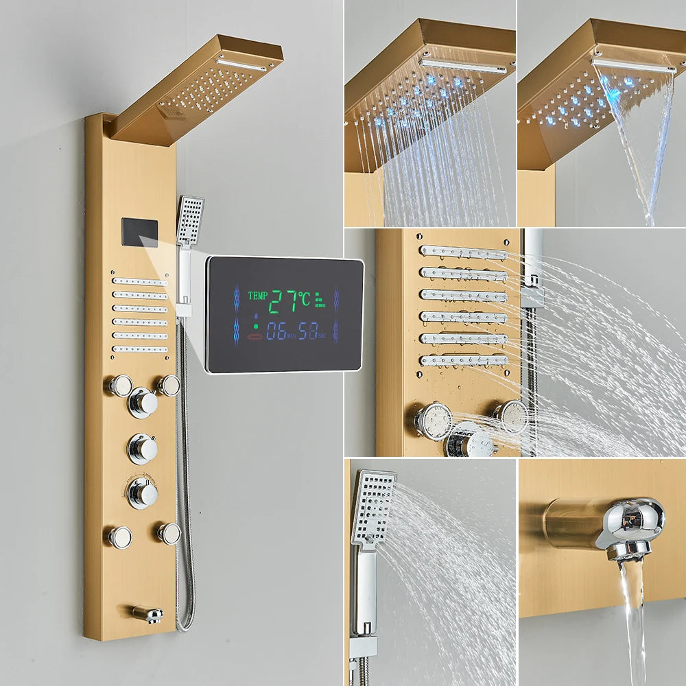 Shower Panel Column with Rainfall, Waterfall, Bidet Sprayer and LED Display, Matte Black and Gold