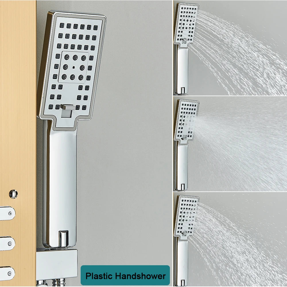 Shower Panel Column with Rainfall, Waterfall, Bidet Sprayer and LED Display, Matte Black and Gold