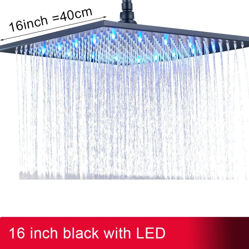 12 or 16 Inch Rainfall Shower Head with LED Color-Change Light, Solid Brass Square