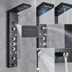 Shower Panel Column with Rainfall, Waterfall, Bidet Sprayer and LED Display, Matte Black and Gold