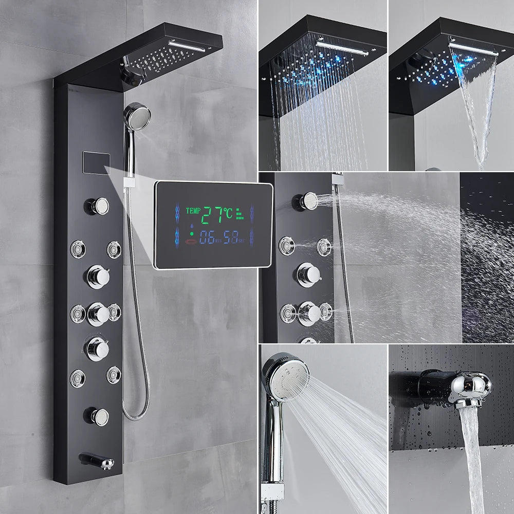 Shower Panel Column with Rainfall, Waterfall, Bidet Sprayer and LED Display, Matte Black and Gold