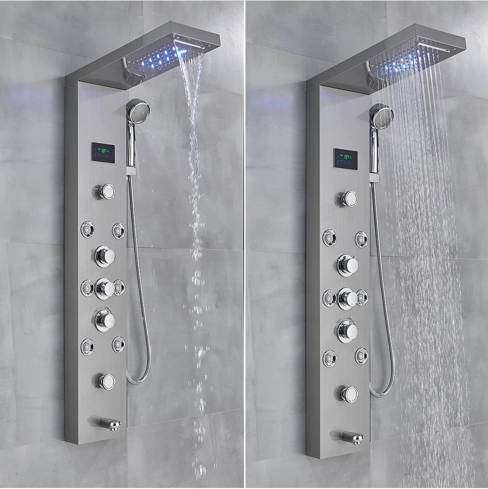Shower Panel Column with Rainfall, Waterfall, Bidet Sprayer and LED Display, Matte Black and Gold