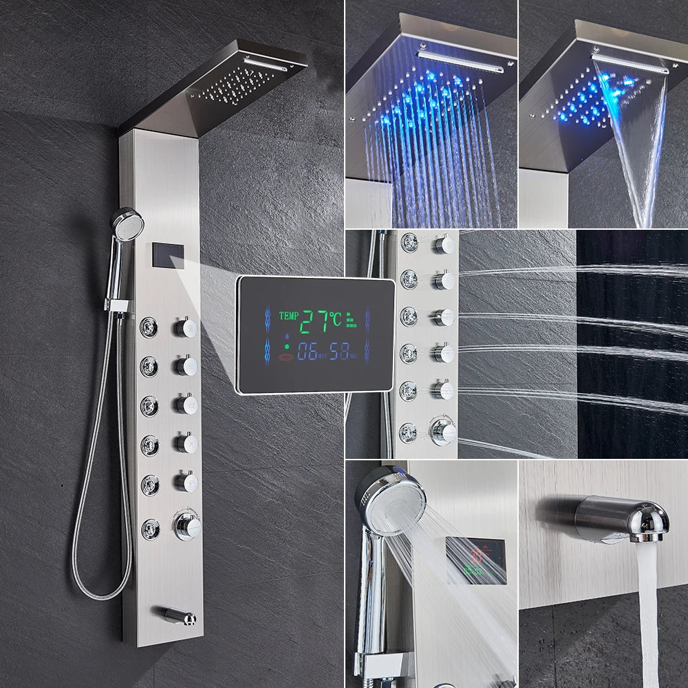 Shower Panel Column with Rainfall, Waterfall, Bidet Sprayer and LED Display, Matte Black and Gold
