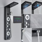 Shower Panel Column with Rainfall, Waterfall, Bidet Sprayer and LED Display, Matte Black and Gold