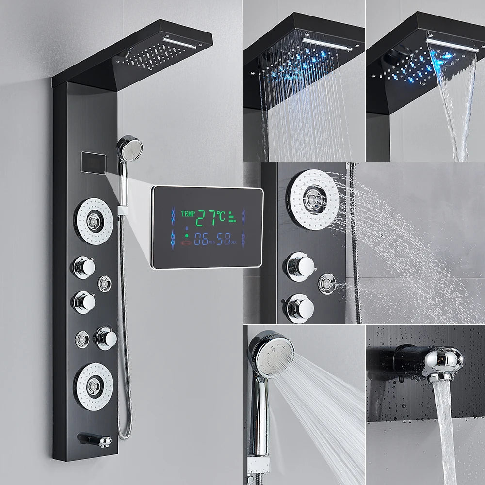 Shower Panel Column with Rainfall, Waterfall, Bidet Sprayer and LED Display, Matte Black and Gold