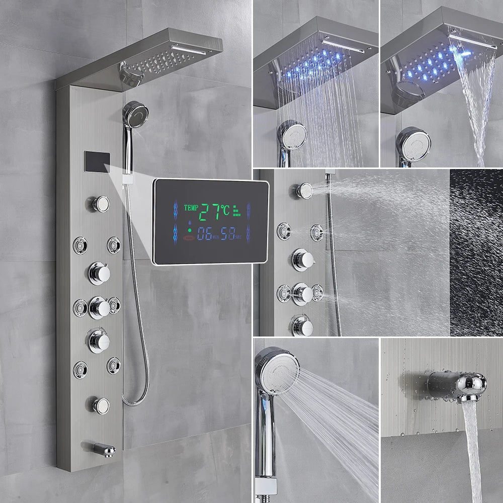 Shower Panel Column with Rainfall, Waterfall, Bidet Sprayer and LED Display, Matte Black and Gold