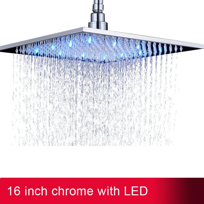12 or 16 Inch Rainfall Shower Head with LED Color-Change Light, Solid Brass Square