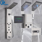 Shower Panel Column with Rainfall, Waterfall, Bidet Sprayer and LED Display, Matte Black and Gold