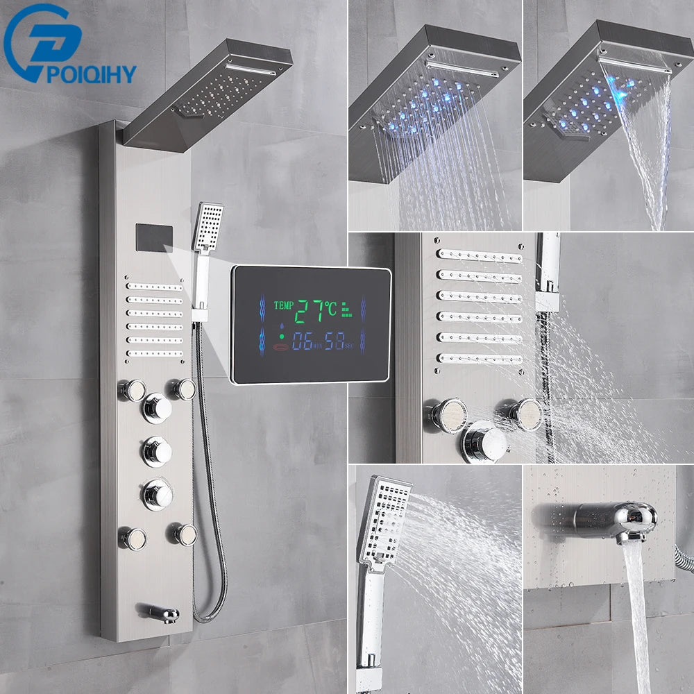 Shower Panel Column with Rainfall, Waterfall, Bidet Sprayer and LED Display, Matte Black and Gold