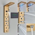 Shower Panel Column with Rainfall, Waterfall, Bidet Sprayer and LED Display, Matte Black and Gold