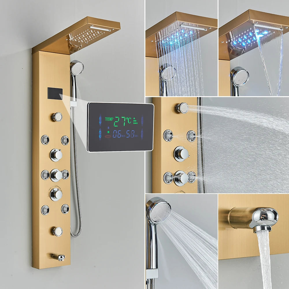 Shower Panel Column with Rainfall, Waterfall, Bidet Sprayer and LED Display, Matte Black and Gold