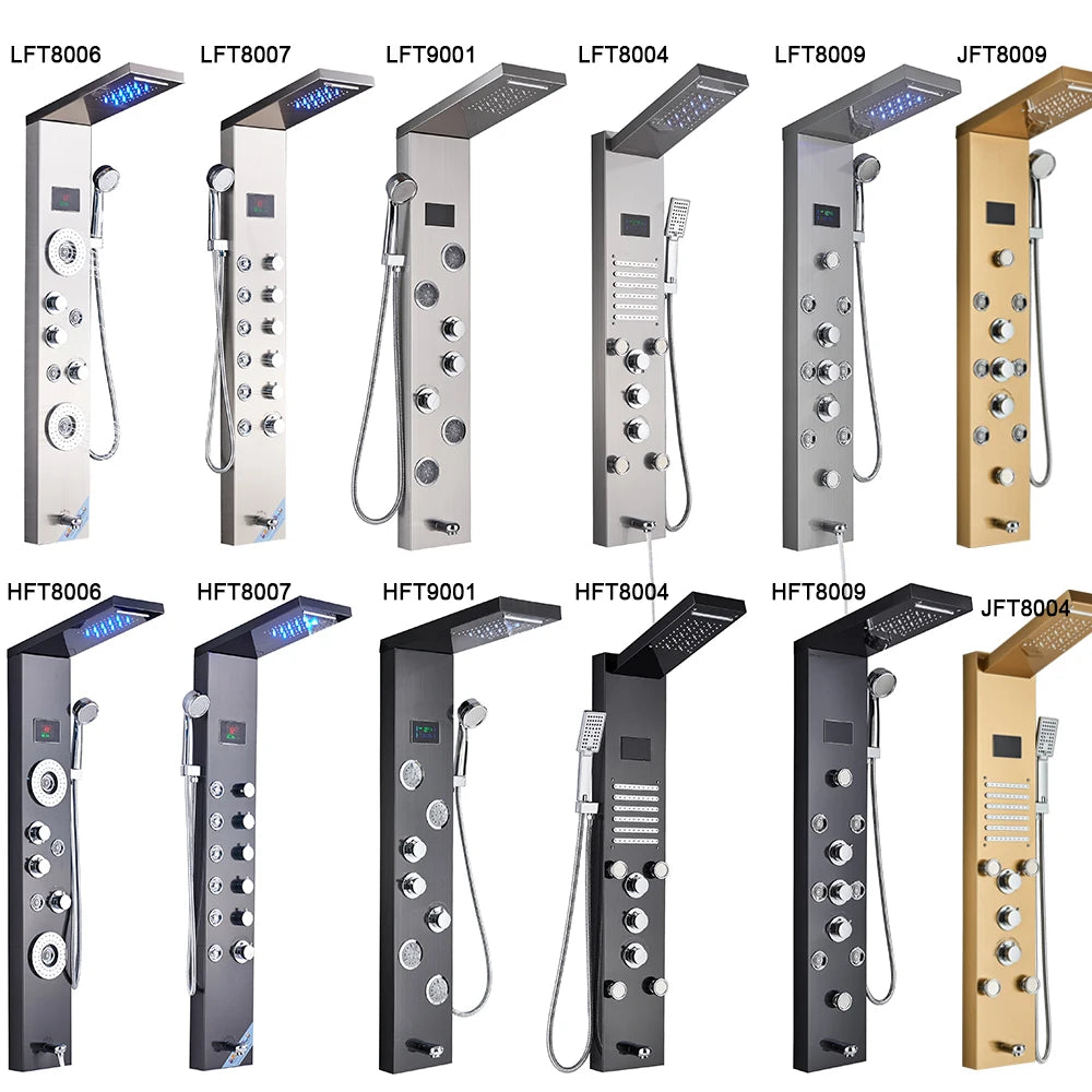 Shower Panel Column with Rainfall, Waterfall, Bidet Sprayer and LED Display, Matte Black and Gold