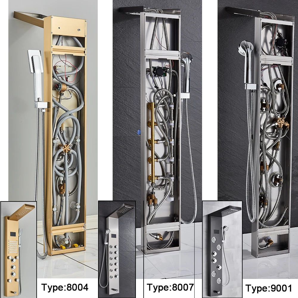 Shower Panel Column with Rainfall, Waterfall, Bidet Sprayer and LED Display, Matte Black and Gold
