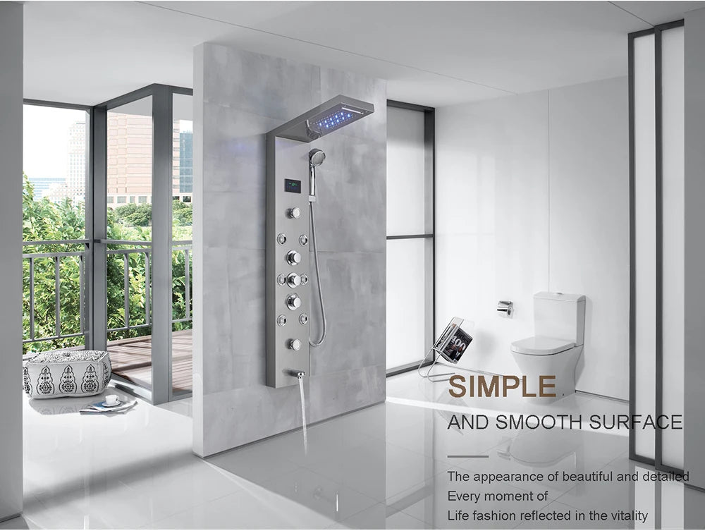 Shower Panel Column with Rainfall, Waterfall, Bidet Sprayer and LED Display, Matte Black and Gold