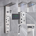 Shower Panel Column with Rainfall, Waterfall, Bidet Sprayer and LED Display, Matte Black and Gold