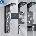 Shower Panel Column with Rainfall, Waterfall, Bidet Sprayer and LED Display, Matte Black and Gold