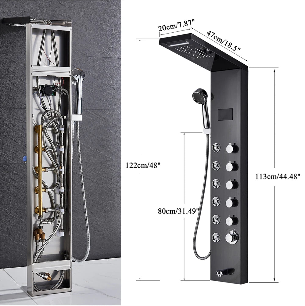 Shower Panel Column with Rainfall, Waterfall, Bidet Sprayer and LED Display, Matte Black and Gold