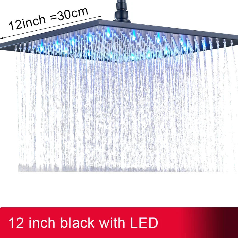 12 or 16 Inch Rainfall Shower Head with LED Color-Change Light, Solid Brass Square