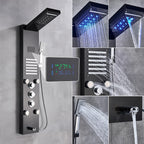 Shower Panel Column with Rainfall, Waterfall, Bidet Sprayer and LED Display, Matte Black and Gold