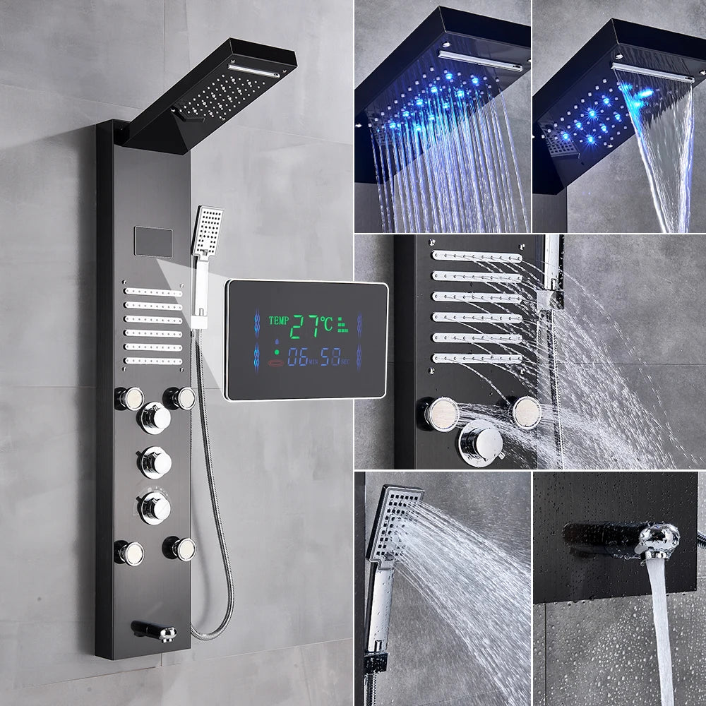Shower Panel Column with Rainfall, Waterfall, Bidet Sprayer and LED Display, Matte Black and Gold
