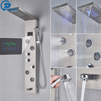 Shower Panel Column with Rainfall, Waterfall, Bidet Sprayer and LED Display, Matte Black and Gold