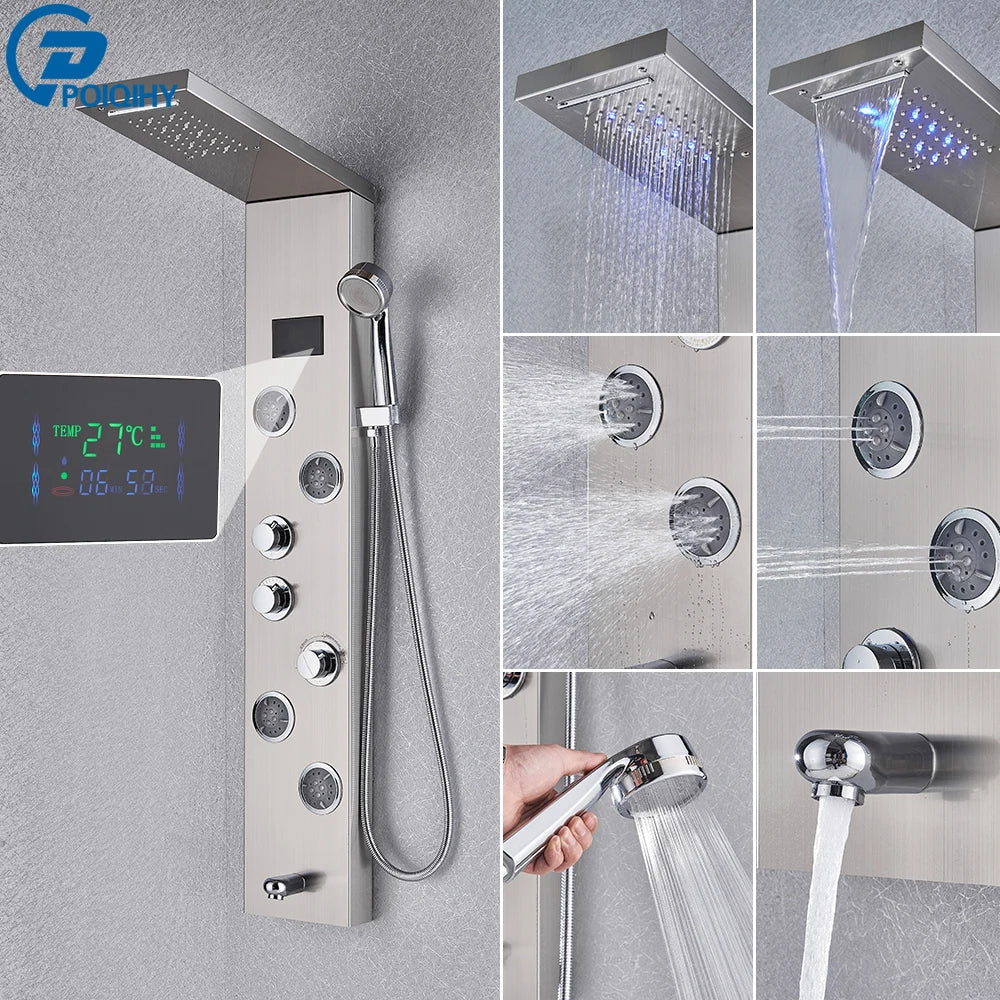 Shower Panel Column with Rainfall, Waterfall, Bidet Sprayer and LED Display, Matte Black and Gold