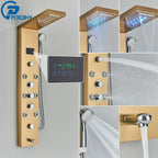 Shower Panel Column with Rainfall, Waterfall, Bidet Sprayer and LED Display, Matte Black and Gold