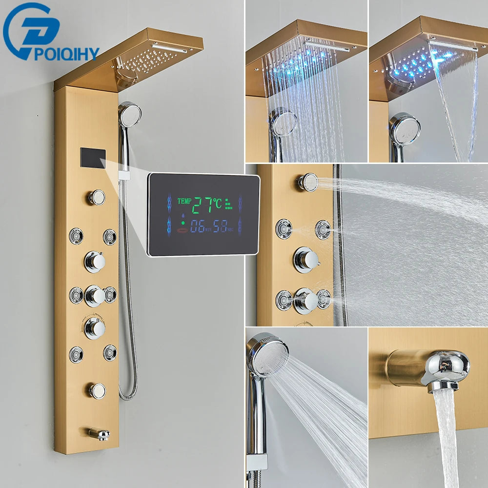 Shower Panel Column with Rainfall, Waterfall, Bidet Sprayer and LED Display, Matte Black and Gold