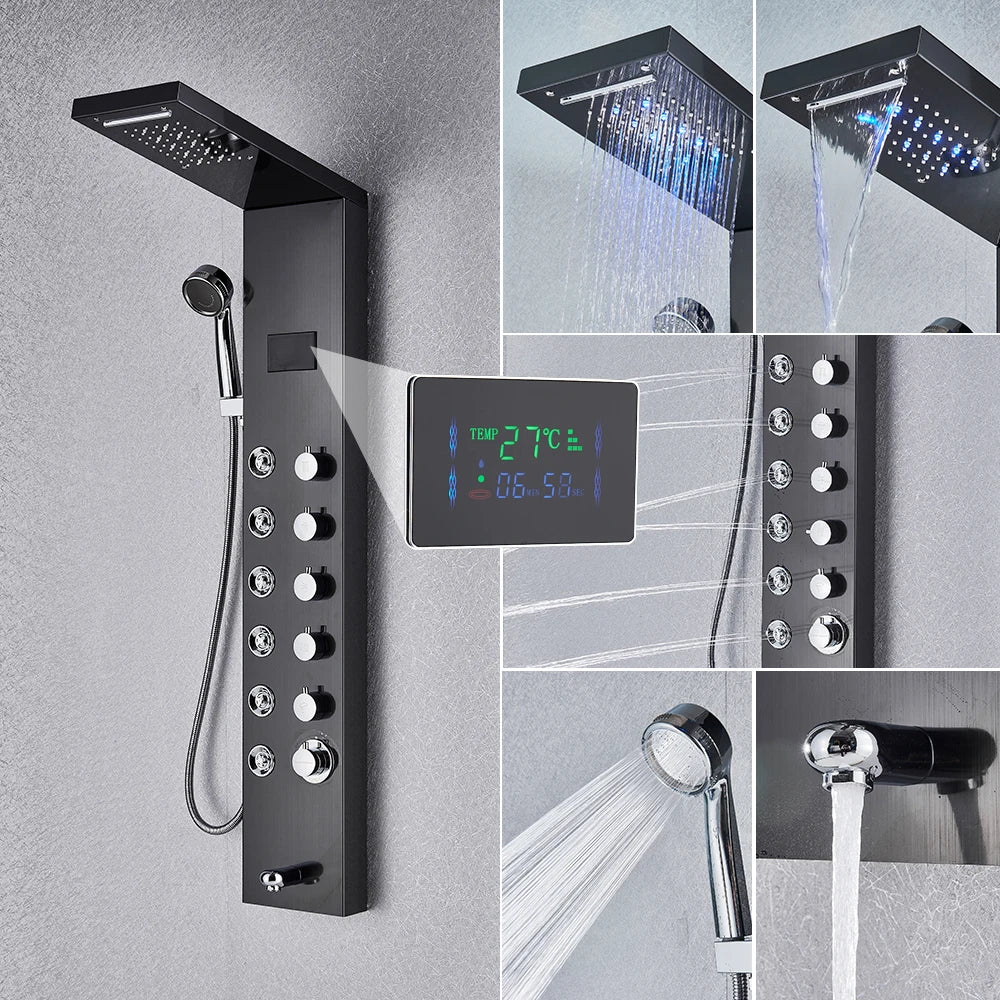 Shower Panel Column with Rainfall, Waterfall, Bidet Sprayer and LED Display, Matte Black and Gold