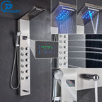 Shower Panel Column with Rainfall, Waterfall, Bidet Sprayer and LED Display, Matte Black and Gold