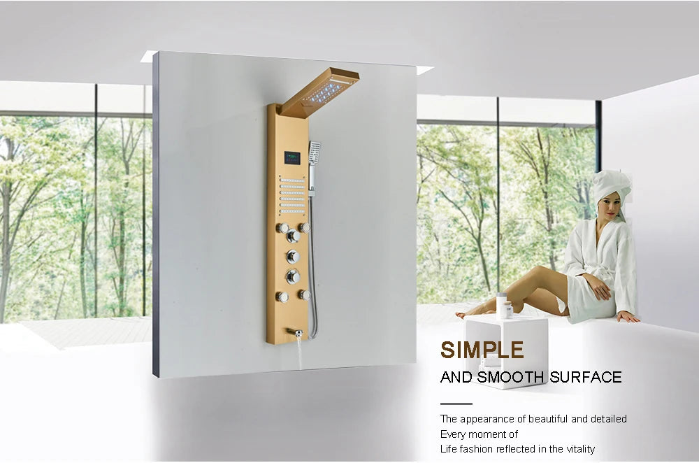 Shower Panel Column with Rainfall, Waterfall, Bidet Sprayer and LED Display, Matte Black and Gold