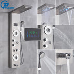 Shower Panel Column with Rainfall, Waterfall, Bidet Sprayer and LED Display, Matte Black and Gold