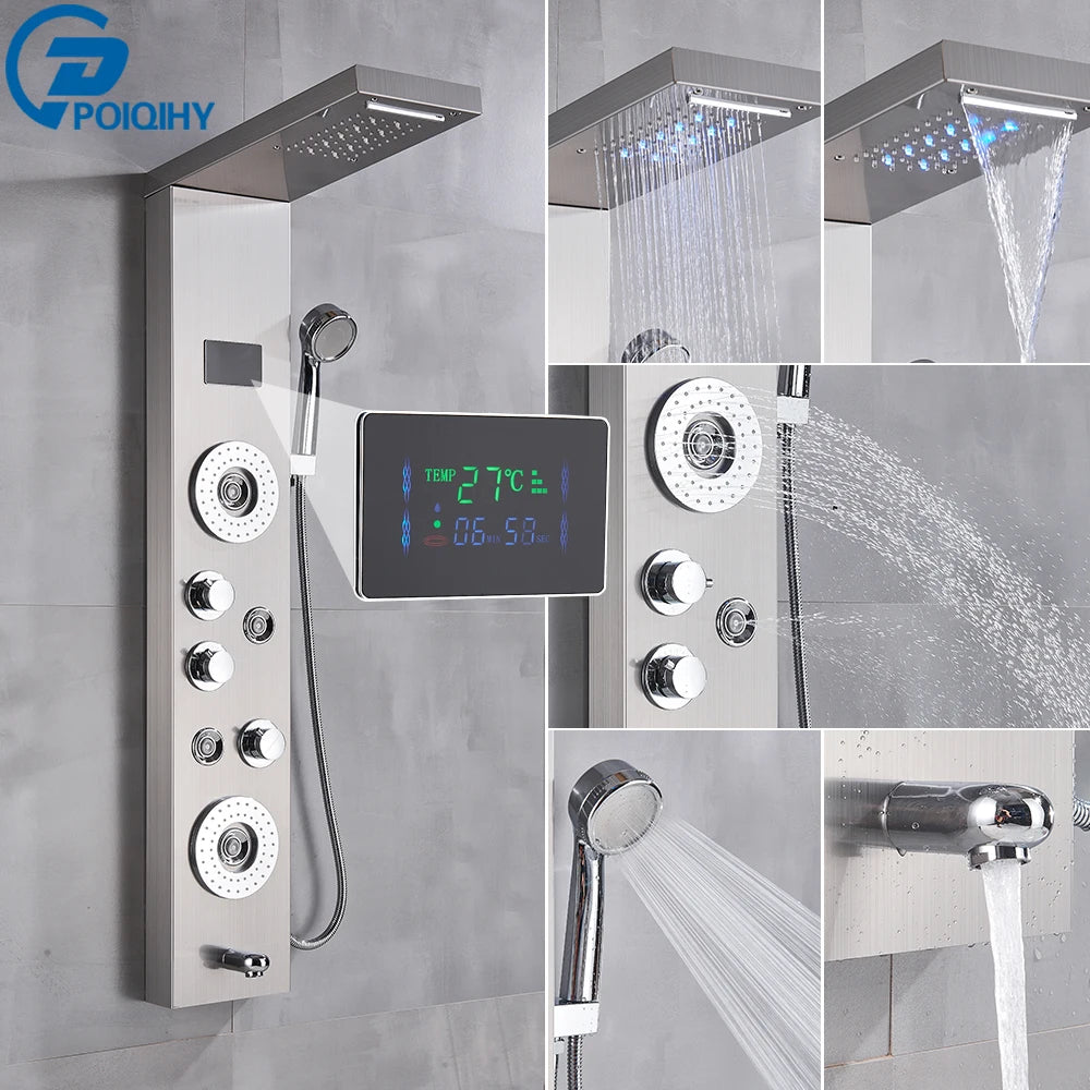 Shower Panel Column with Rainfall, Waterfall, Bidet Sprayer and LED Display, Matte Black and Gold