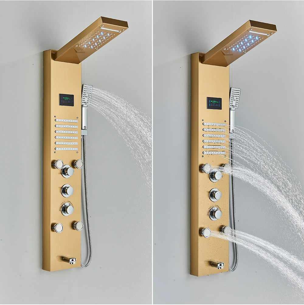 Shower Panel Column with Rainfall, Waterfall, Bidet Sprayer and LED Display, Matte Black and Gold