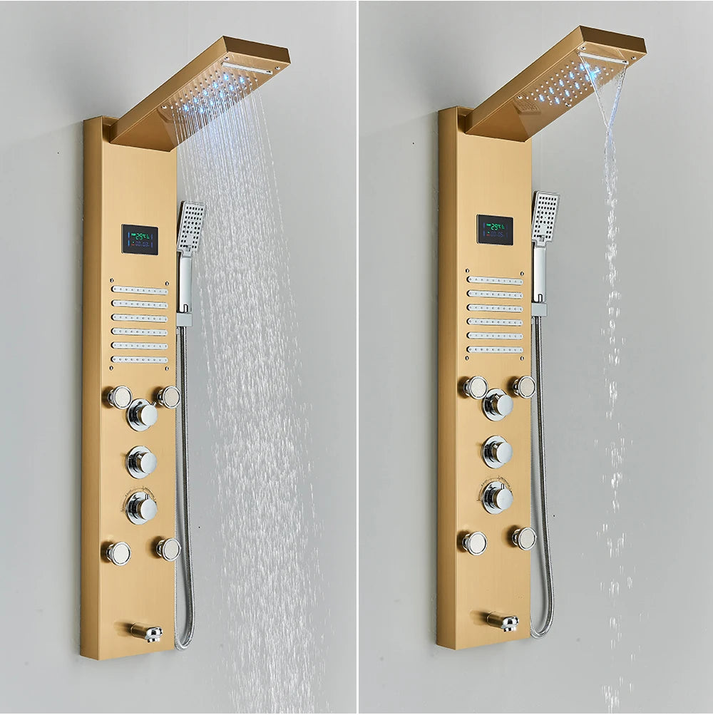 Shower Panel Column with Rainfall, Waterfall, Bidet Sprayer and LED Display, Matte Black and Gold